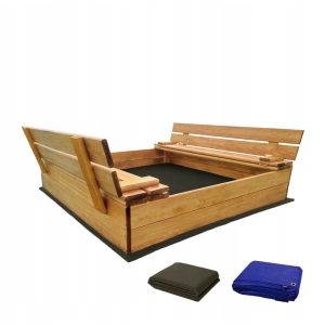 Piaskownica drewniana zamykana z ławeczkami duża 120 x 120 cm kolor kasztan GRATIS plandeka włóknina